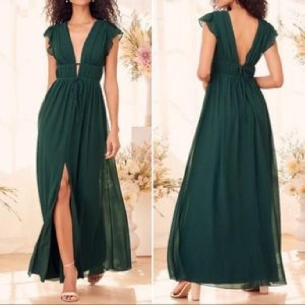 Lulu's I'm All Yours Emerald Green Ruffled Maxi Dress, Small (NWT)
